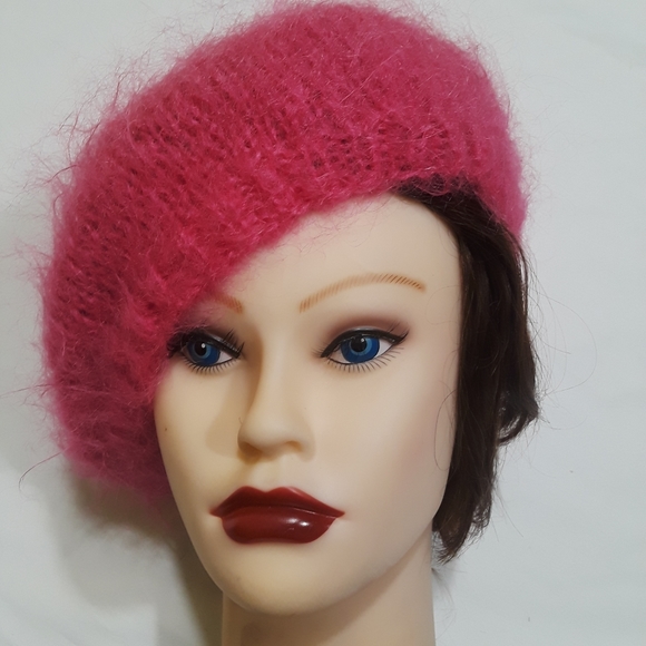 Angora Pink Fuzzy Beret Hat Os 